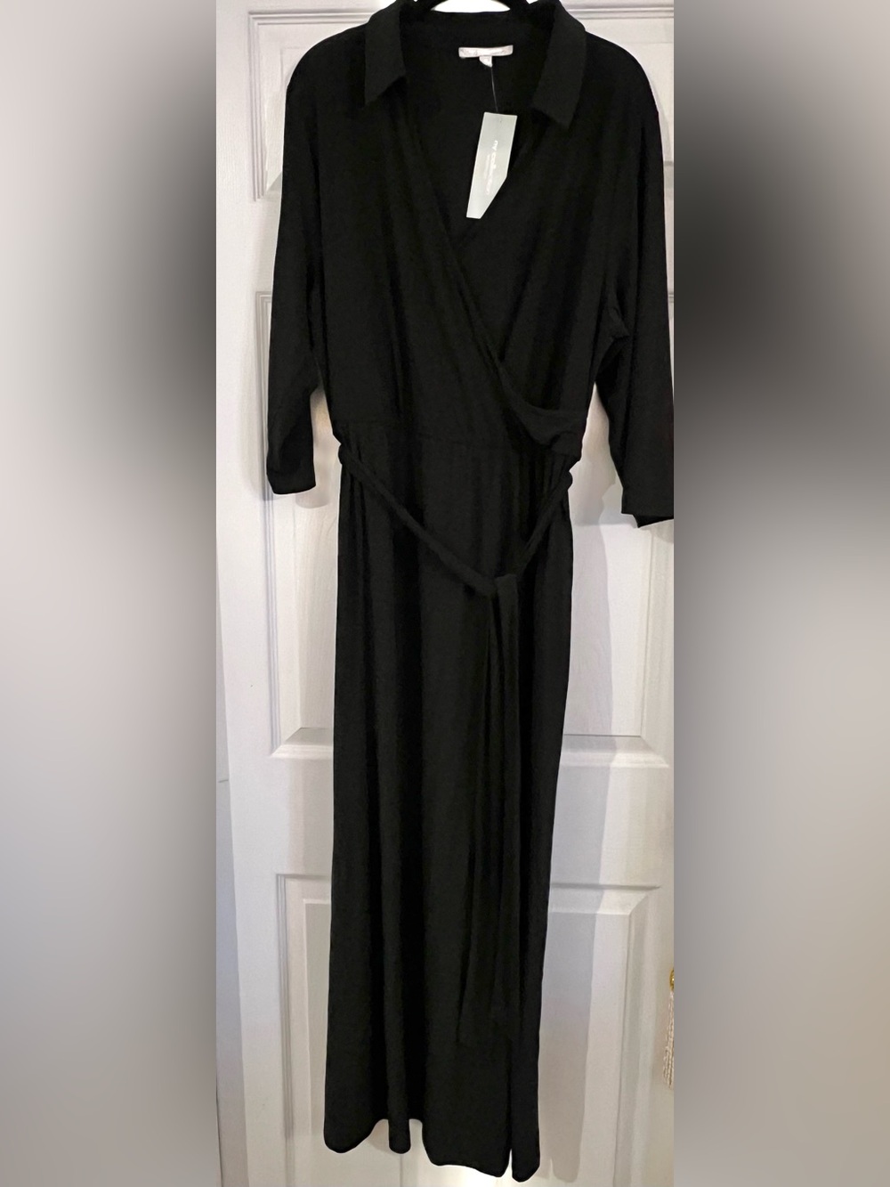 NY Collection Women Plus 1X Black Solid Collared Belted Wrap Maxi ZQID0121 NWT